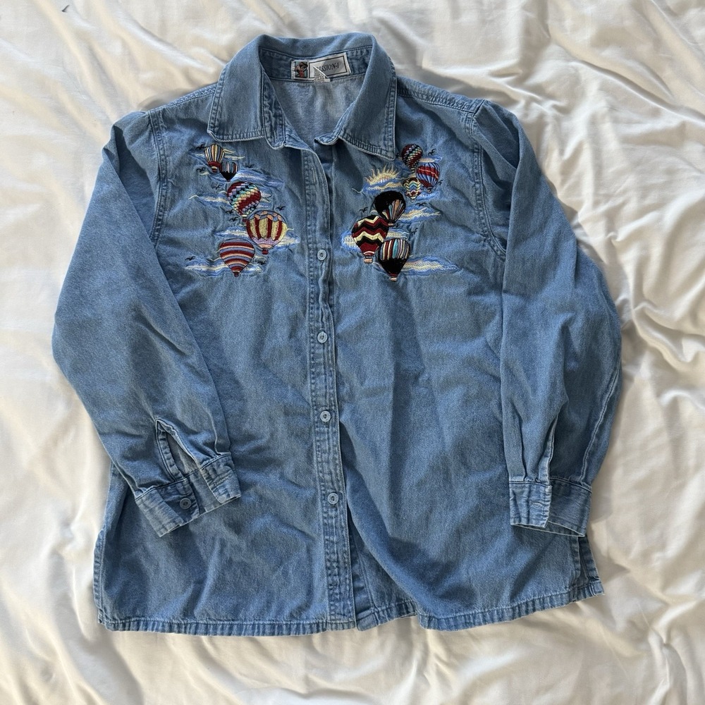 VTG Passion-I Blue Denim Hot Air Balloon‎ Embroidered Button Up Shirt 90s L READ